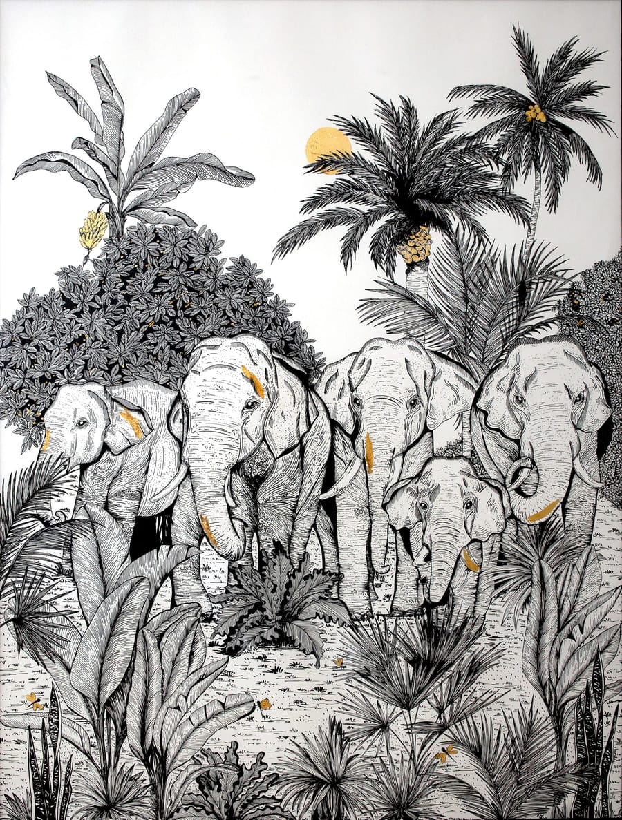 The Procession — Pen & Ink · Gold Leaf · 2024 — Harshi Agarwal