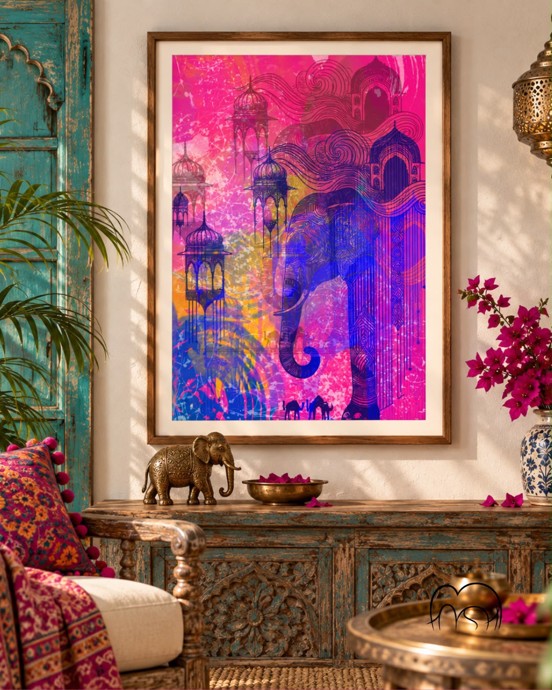 Digital artwork by Harshi Agarwal of an elephant with palace domes in pink and blue, framed on a wall