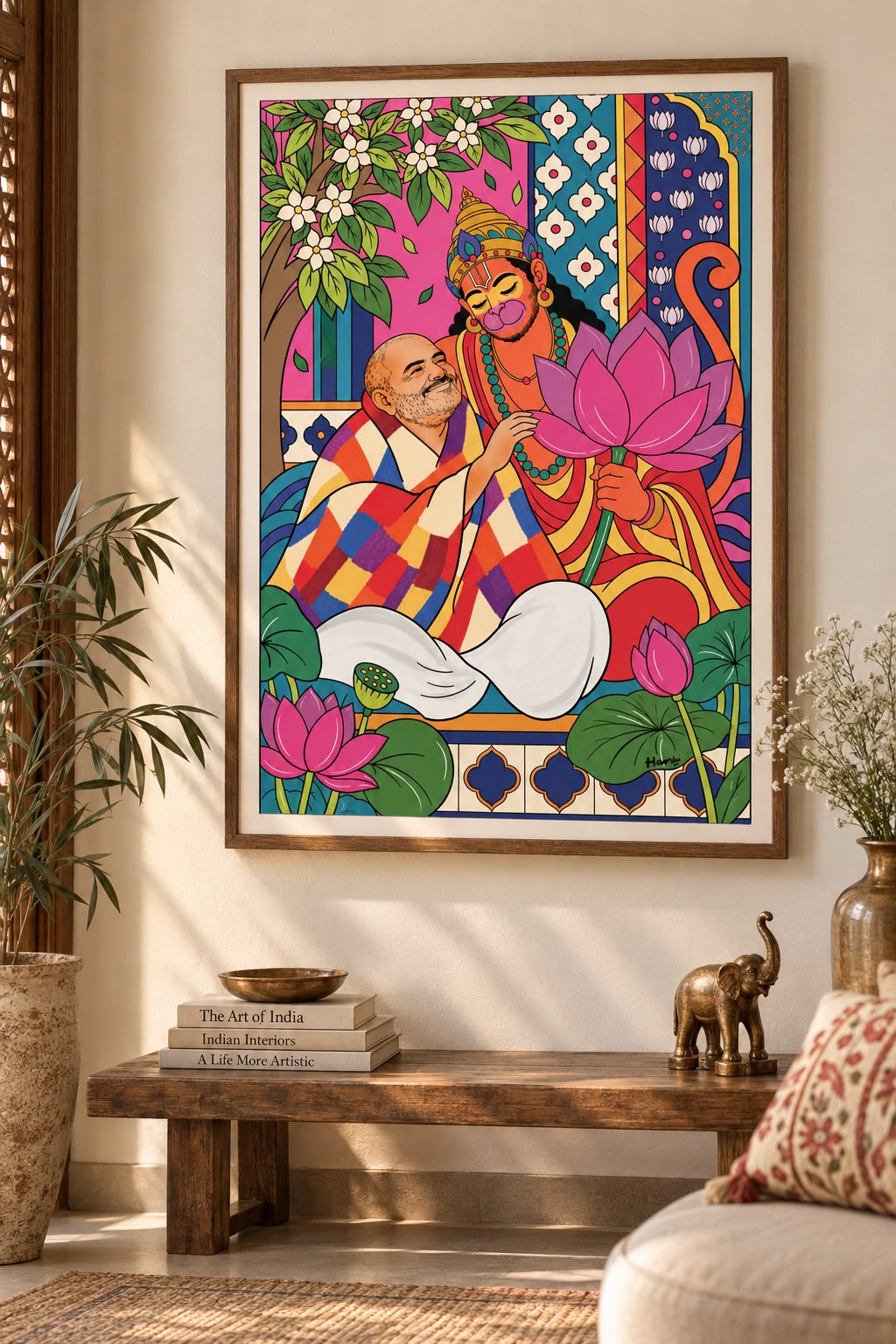 Digital artwork by Harshi Agarwal of Hanuman with a devotee among lotuses, framed on a wall