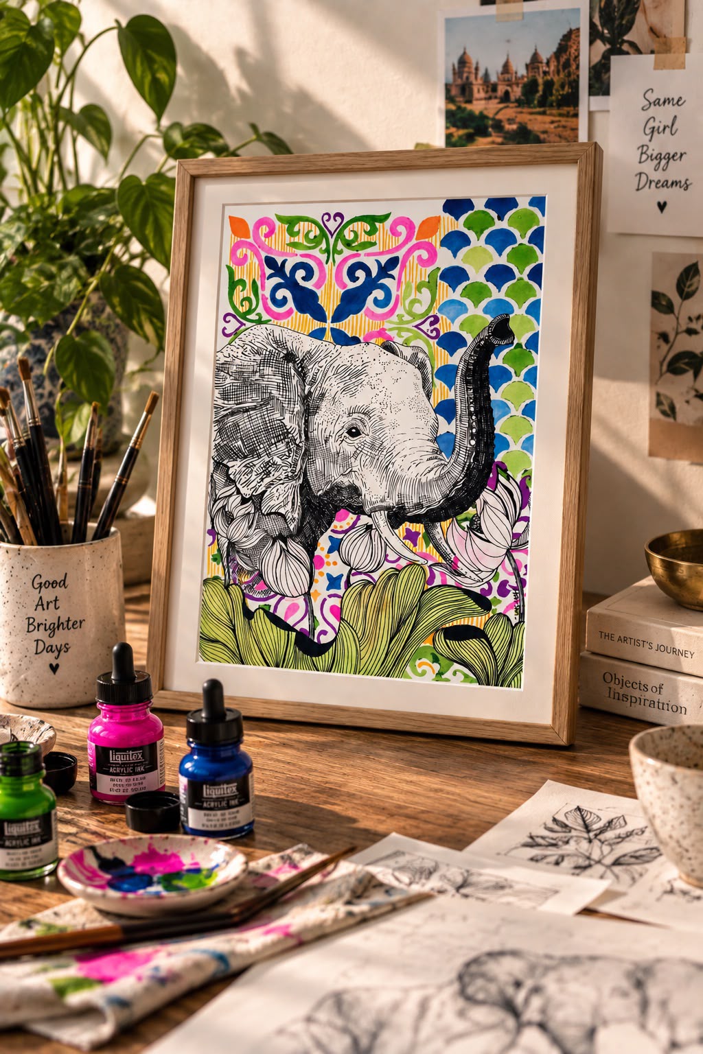 Framed pen and ink elephant on Harshi Agarwal's studio desk, with brushes, inks, and sketches